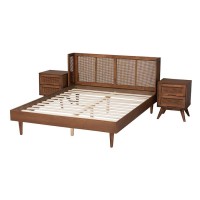 Baxton Studio Rina MidCentury Modern Ash Walnut Finished Wood 3Piece King Size Bedroom Set with Synthetic Rattan