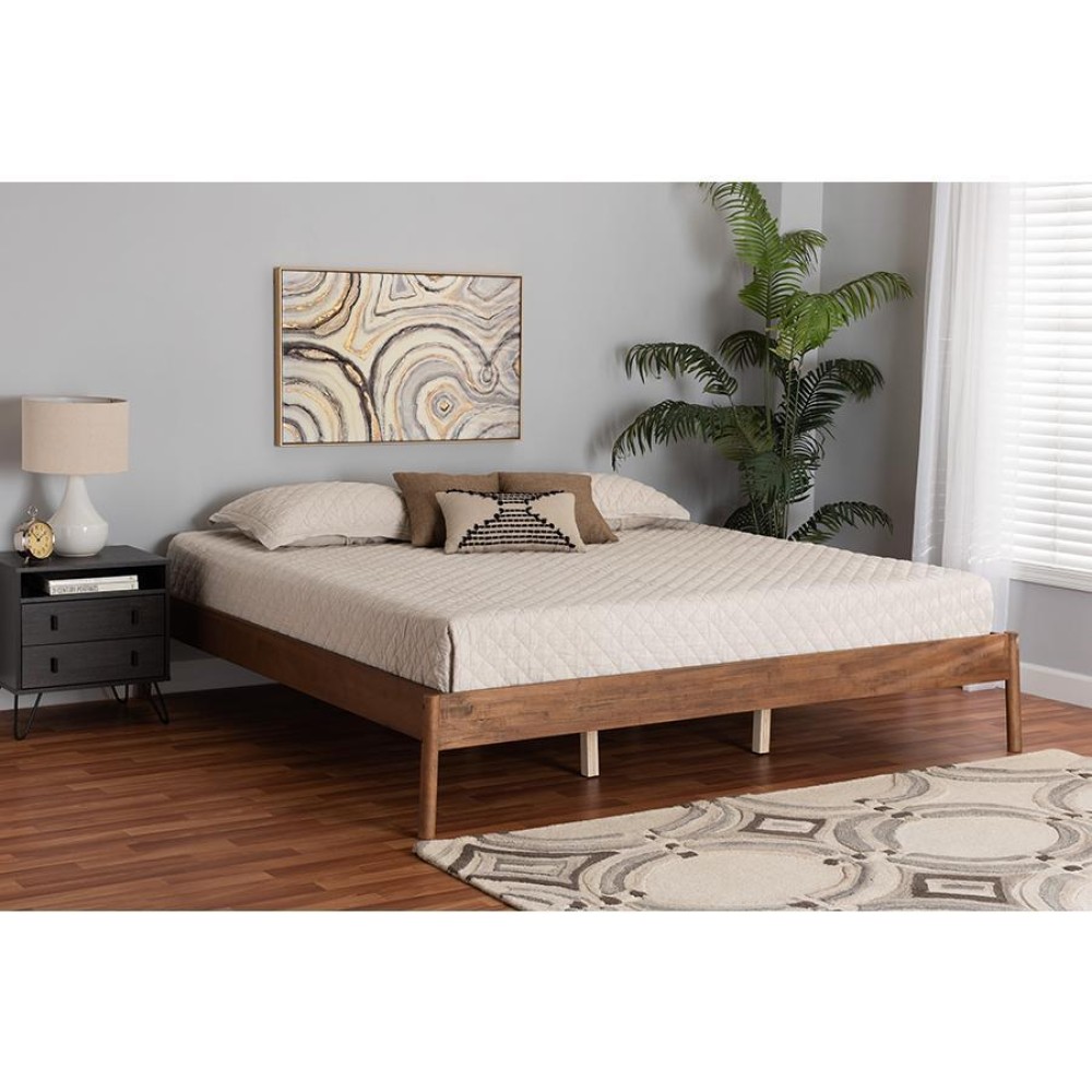 Baxton Studio Agatis MidCentury Modern Ash Walnut Finished Wood Queen Size Bed Frame