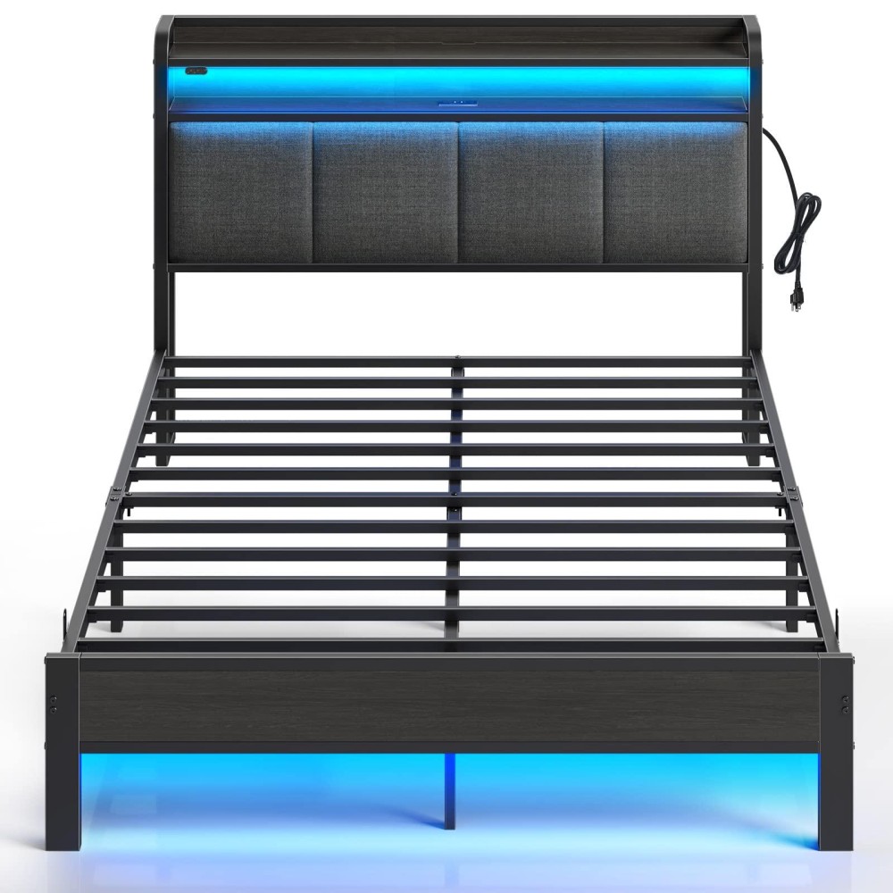 Rolanstar Bed Frame Full Size With Charging Station And Led Lights, Upholstered Headboard With Storage Shelves, Heavy Duty Metal Slats, No Box Spring Need, Noise Free, Easy Assembly, Dark Grey