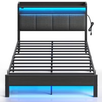 Rolanstar Bed Frame Full Size With Charging Station And Led Lights, Upholstered Headboard With Storage Shelves, Heavy Duty Metal Slats, No Box Spring Need, Noise Free, Easy Assembly, Dark Grey