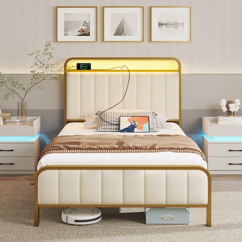 Rolanstar Twin Size Bed Frame With Led Light And Charging Station, Upholstered Headboard And Footboard, Metal Slat, Noise Free, Easy Assembly, Golden