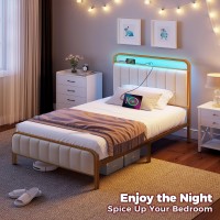 Rolanstar Twin Size Bed Frame With Led Light And Charging Station, Upholstered Headboard And Footboard, Metal Slat, Noise Free, Easy Assembly, Golden