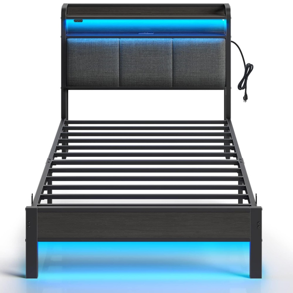 Rolanstar Bed Frame Twin Size With Charging Station And Led Lights, Upholstered Headboard With Storage Shelves, Heavy Duty Metal Slats, No Box Spring Need, Noise Free, Easy Assembly, Dark Grey