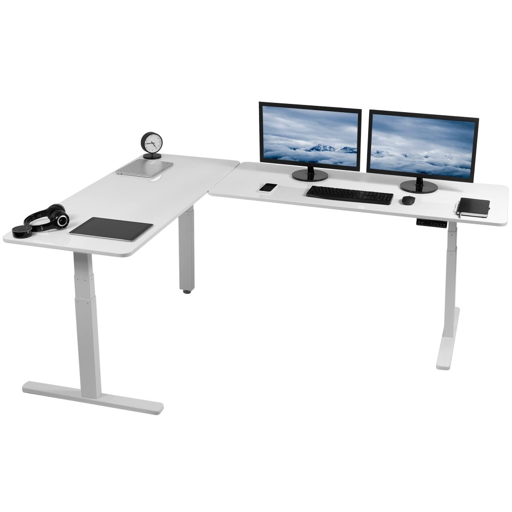 Vivo Electric Height Adjustable 83 X 60 Inch Corner Stand Up Desk, 2 White Dry Erase Solid Table Tops, White Frame, Memory Controller, L-Shaped Workstation, 3E Series, Desk-Kit-3E8We
