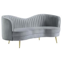 Sculptural modern glam in a luxurious grey velvetFeature an inverted camel back creating the right touch of curve appealTailored, vertical channels frame inside back providing a stylish back drop to the kidney shaped attached bench seatGold stainless stee