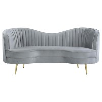 Sculptural modern glam in a luxurious grey velvetFeature an inverted camel back creating the right touch of curve appealTailored, vertical channels frame inside back providing a stylish back drop to the kidney shaped attached bench seatGold stainless stee