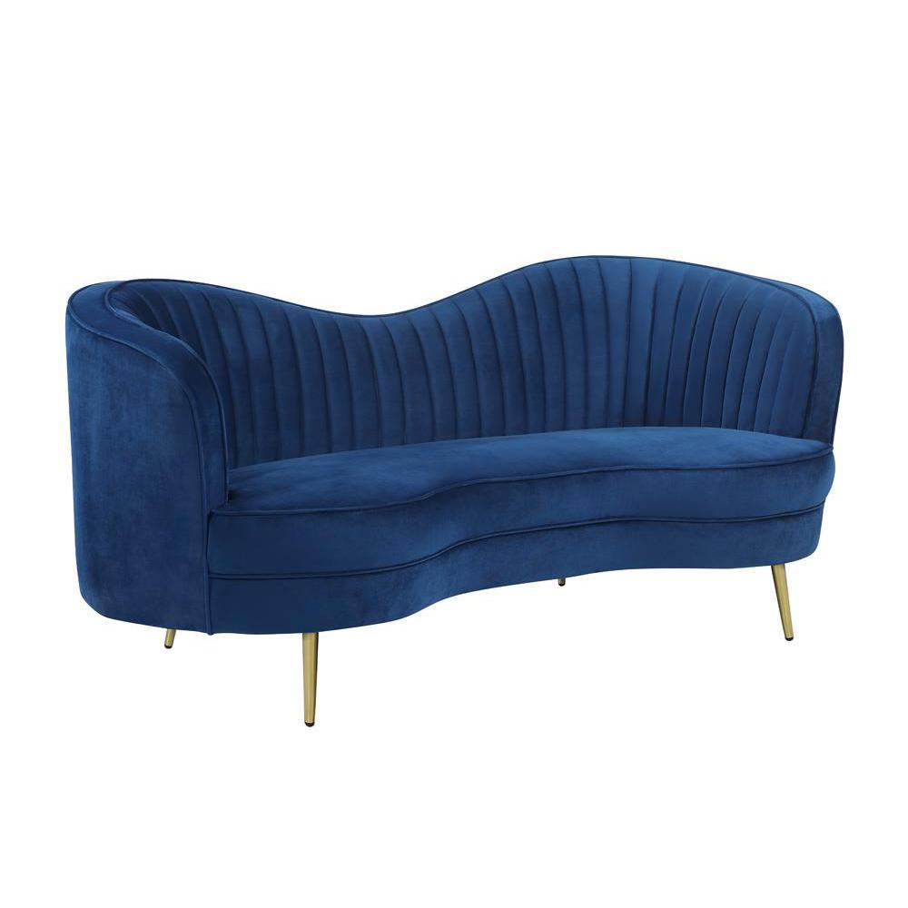 Sculptural modern glam in a beautiful shade of blue velvetLoveseat features an inverted camel back creating the right touch of curve appealTailored, vertical channels frame inside back providing a stylish back drop to the kidney shaped attached bench seat