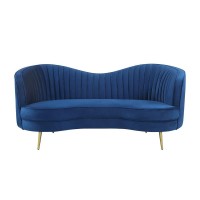 Sculptural modern glam in a beautiful shade of blue velvetLoveseat features an inverted camel back creating the right touch of curve appealTailored, vertical channels frame inside back providing a stylish back drop to the kidney shaped attached bench seat