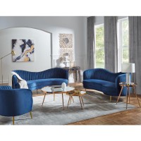 Sculptural modern glam in a beautiful shade of blue velvetLoveseat features an inverted camel back creating the right touch of curve appealTailored, vertical channels frame inside back providing a stylish back drop to the kidney shaped attached bench seat