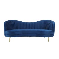 Sculptural modern glam in a beautiful shade of blue velvetSofa features an inverted camel back creating the right touch of curve appealTailored, vertical channels frame inside back providing a stylish back drop to the kidney shaped attached bench seatGold