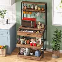Tribesigns Kitchen Bakers Rack With Power Outlets, 5-Tier Microwave Oven Stand With Drawer And Sliding Shelves, Freestanding Coffee Bar, Kitchen Storage Shelf With 6 Hooks, Rustic Brown