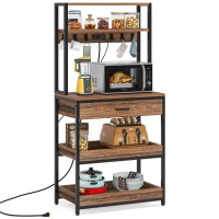 Tribesigns Kitchen Bakers Rack With Power Outlets, 5-Tier Microwave Oven Stand With Drawer And Sliding Shelves, Freestanding Coffee Bar, Kitchen Storage Shelf With 6 Hooks, Rustic Brown