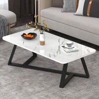 Glass Coffee Table For Living Room, Faux Marble Tabletop, Rectangular Sofa Center Table With Black Metal Frame For Dining Room/Tea, For Apartment, Small Space ( Color : White , Size : 100X50X45Cm )