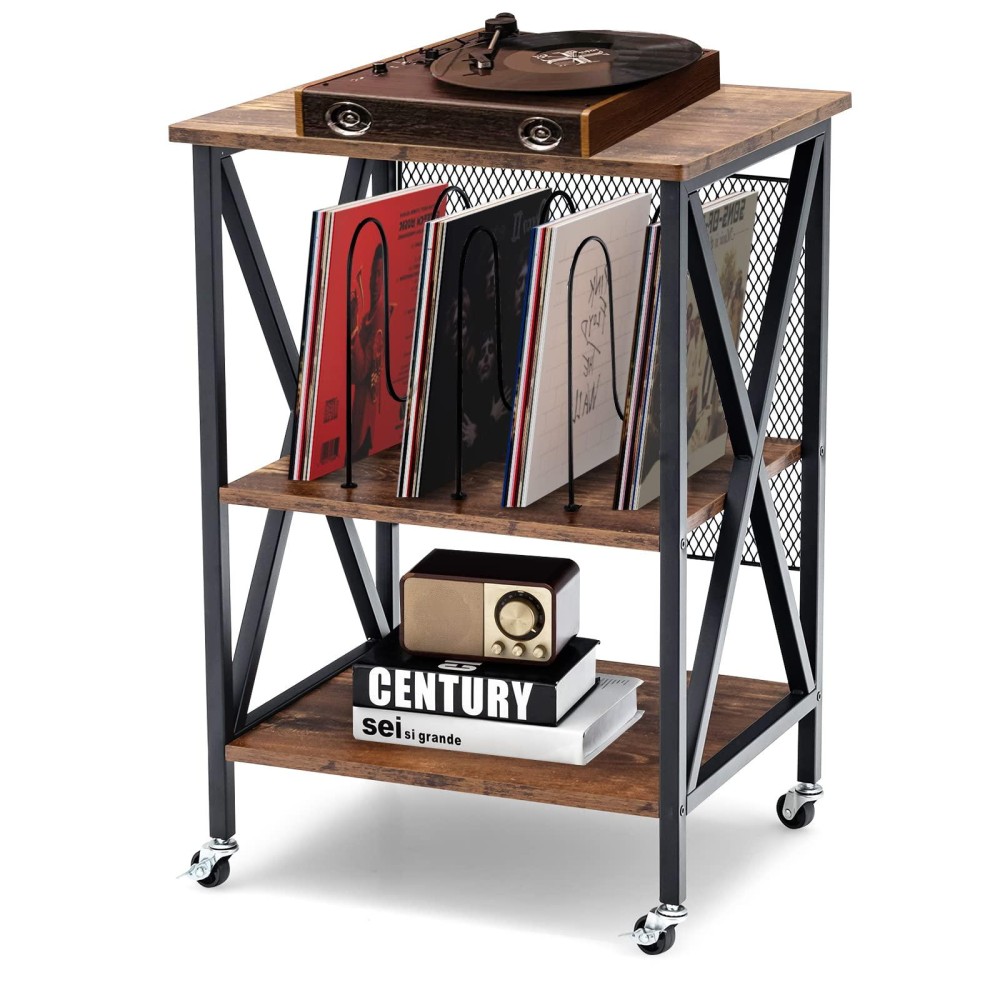 Tangkula Record Player Stand, 3 Tier Rolling Turntable Stand W/3 Dividers For Albums, Rustic Vinyl Record Holder For Living Room, Steel Frame & Lockable Wheels, Vintage End Table (Brown)