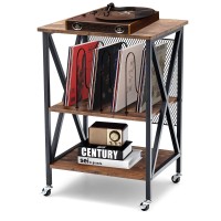 Tangkula Record Player Stand, 3 Tier Rolling Turntable Stand W/3 Dividers For Albums, Rustic Vinyl Record Holder For Living Room, Steel Frame & Lockable Wheels, Vintage End Table (Brown)