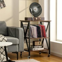 Tangkula Record Player Stand, 3 Tier Rolling Turntable Stand W/3 Dividers For Albums, Rustic Vinyl Record Holder For Living Room, Steel Frame & Lockable Wheels, Vintage End Table (Brown)