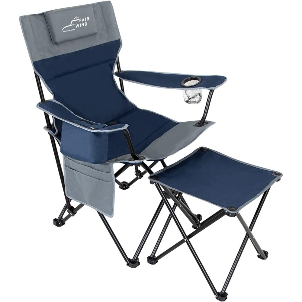 Fair Wind Oversized Fully Padded Camping Lounge Chair With Footrest, Stool Set, Heavy Duty Folding Arm Chair With Cooler Bag And Headrest - Support 300 Lbs (Blue Grey)