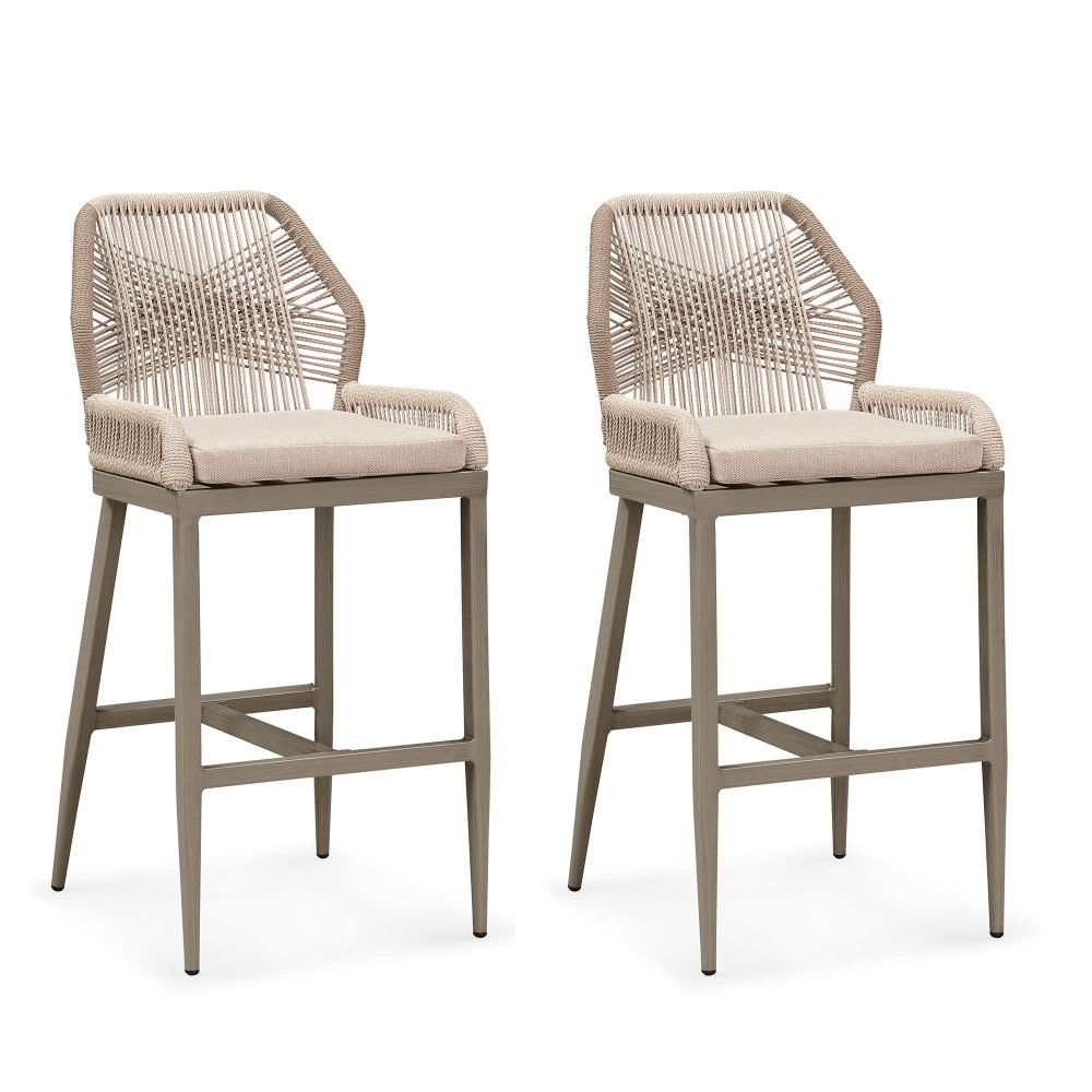 Purple Leaf Bar Stools Set Of 2 Outdoor Bar Height Metal Tall Chairs Modern Wicker Woven High Barstools 30 Inch With Back Patio