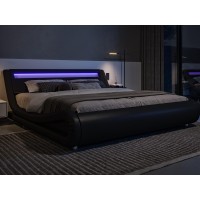 Allewie King Size Led Platform Bed Frame With Adjustable Headboardno Box Spring Needeasy Assemblyfaux Leather In Black