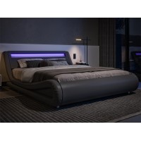 Allewie King Size Led Platform Bed Frame With Adjustable Headboardno Box Spring Needeasy Assemblyfaux Leather In Grey