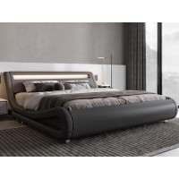 Allewie King Size Led Platform Bed Frame With Adjustable Headboardno Box Spring Needeasy Assemblyfaux Leather In Grey