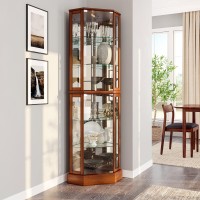 Belleze Lighted Curio Cabinet Corner Display Case For Living Room China Hutch With Tempered Glass Doors And Shelves Wooden Acc