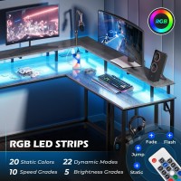 Superjare Desk L Shaped Gaming Desk With Led Lights Power Outlets Computer Desk With Monitor Stand Home Office Desk Corner D