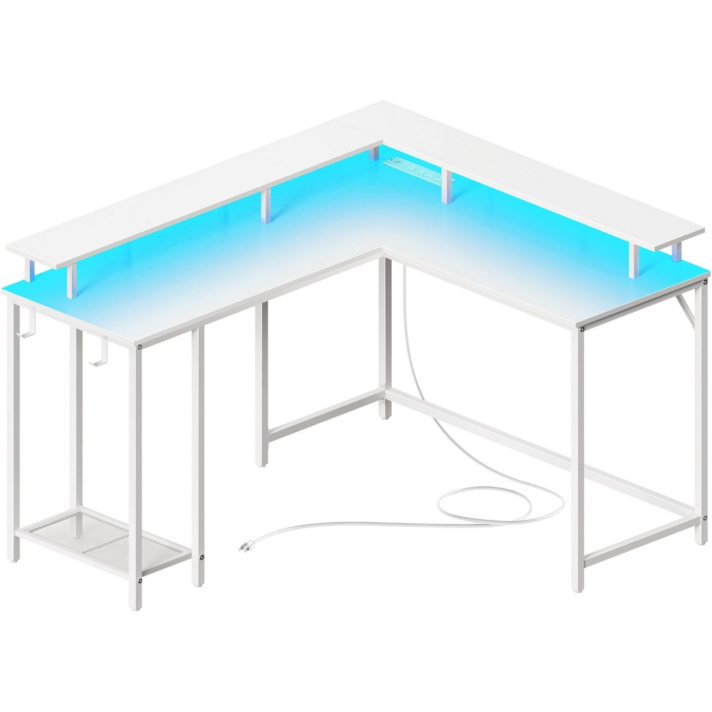 Superjare Desk L Shaped Gaming Desk With Led Lights Power Outlets Computer Desk With Monitor Stand Home Office Desk Corner D