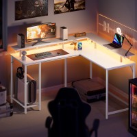 Superjare Desk L Shaped Gaming Desk With Led Lights Power Outlets Computer Desk With Monitor Stand Home Office Desk Corner D