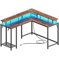 Superjare Desk L Shaped Gaming Desk With Led Lights Power Outlets Computer Desk With Monitor Stand Home Office Desk Corner D