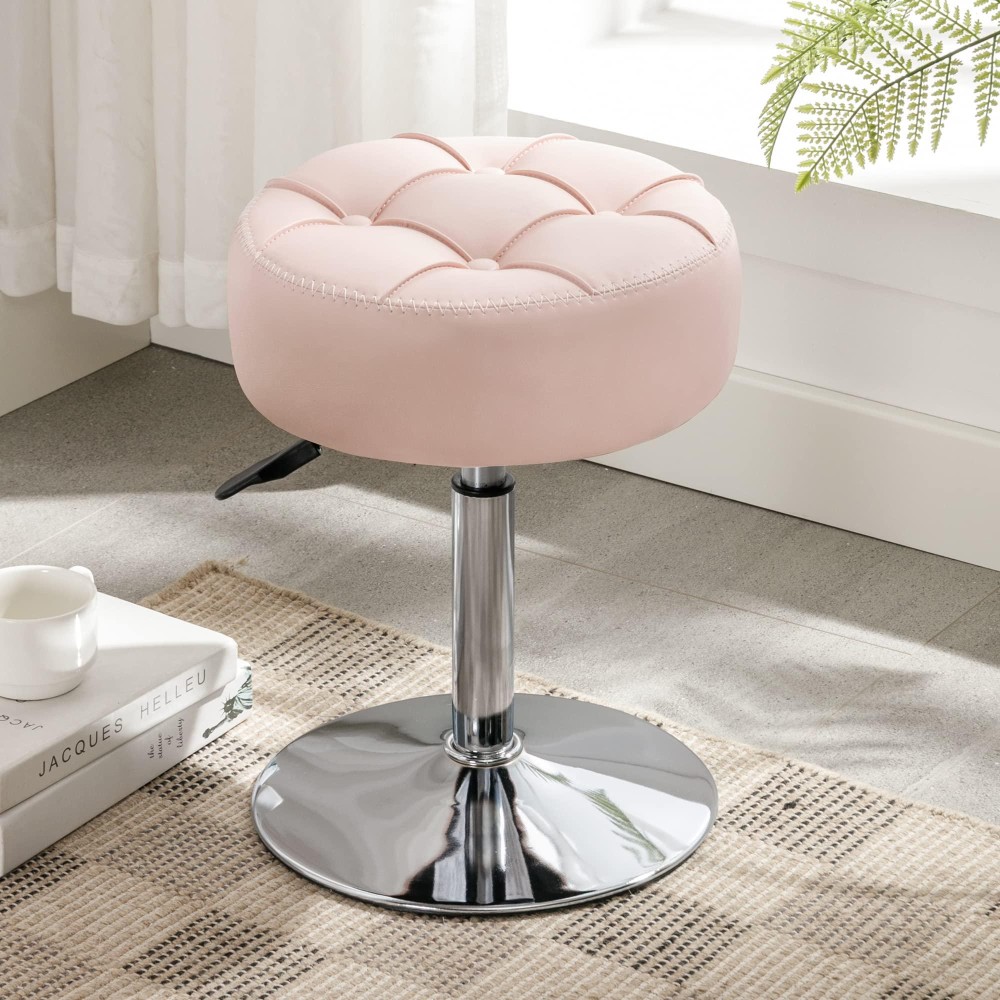 Lue Bona Adjustable Vanity Stool, 360Swivel Vanity Chair Stool For Makeup Room, Pink Stool Chair For Vanity, Small Faux Leather Vanity Stool For Bathroom, Living Room