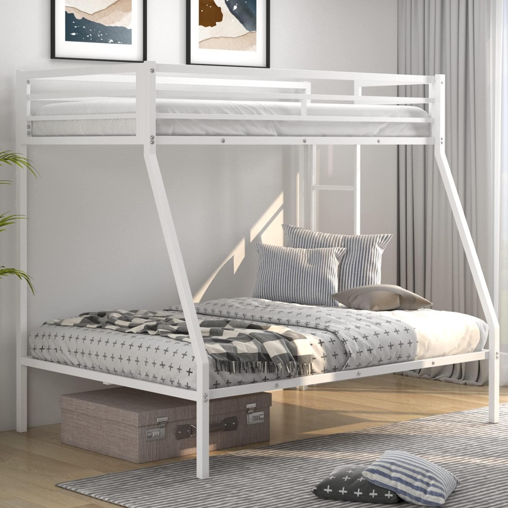 Komfott Metal Bunk Bed Twin-Over-Full, Heavy Duty Metal Bed Frame With Safety Rail & Ladder, Space-Saving Bed Frame With 12.5??Under Bed Storage For Boys Girls Adults, No Box Spring Needed (White)