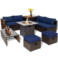 Tangkula 9 Pieces Outdoor Patio Furniture Set With 30??Propane Fire Pit Table, Pe Wicker Sectional Sofa Set With Storage Box And Cushions, 50,000 Btu Gas Fire Table, 2 Protective Covers (Navy)