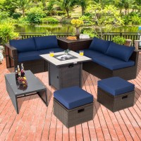 Tangkula 9 Pieces Outdoor Patio Furniture Set With 30??Propane Fire Pit Table, Pe Wicker Sectional Sofa Set With Storage Box And Cushions, 50,000 Btu Gas Fire Table, 2 Protective Covers (Navy)