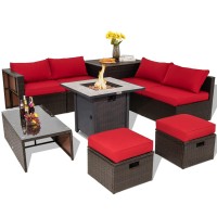 Tangkula 9 Pieces Outdoor Patio Furniture Set With 30??Propane Fire Pit Table, Pe Wicker Sectional Sofa Set With Storage Box And Cushions, 50,000 Btu Gas Fire Table, 2 Protective Covers (Red)