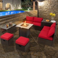 Tangkula 9 Pieces Outdoor Patio Furniture Set With 30??Propane Fire Pit Table, Pe Wicker Sectional Sofa Set With Storage Box And Cushions, 50,000 Btu Gas Fire Table, 2 Protective Covers (Red)