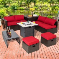 Tangkula 9 Pieces Outdoor Patio Furniture Set With 30??Propane Fire Pit Table, Pe Wicker Sectional Sofa Set With Storage Box And Cushions, 50,000 Btu Gas Fire Table, 2 Protective Covers (Red)