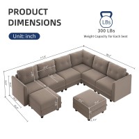 LLappuil Modular Sectional Sofa with Reversible Chaise, Oversized U Shaped Sectional with Storage, Waterproof, Anti-Scratch and Antistatic Velvet 8 Seater Living Room Couch, Grey Brown