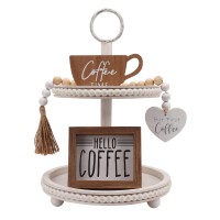 Genmous 4 Pieces Farmhouse Coffee Bar Signs For Tiered Tray Decoration, Cute Coffee Bar Set Up Decor With Mini Wood Book Stacks Rustic Coffee Table Sign Wood Riser Display For Coffee Bar Accessories, White Coffee Table Tray Decor For Small Coffee Bar