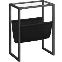 Hoobro Narrow Side Table, Tempered Glass End Table With Fabric Magazine Sling, Small Coffee Accent Table, Bedside Table For Small Space, Bedroom, Living Room, Modern Style, Black Bk66Bz01