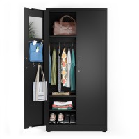 Metaltiger Metal Storage Cabinet Wardrobe - Metal Storage Locker With Locking Doors, Adjustable Shelf Height & Position, Removable Hanging Rods, Mirror & Accessories (Black)