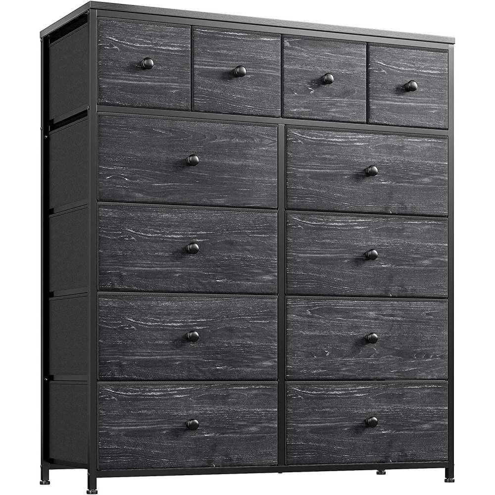 Enhomee Dressers For Bedroom Tall Dresser With 12 Drawer Dresser Fabric Chest Of Drawers Bedroom Dresser For Closet, Nursery, Living Room Wood Top Metal Frame Black