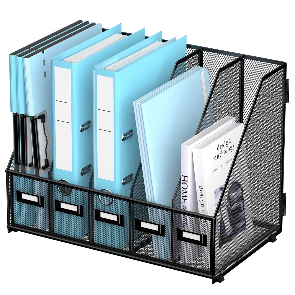 Supeasy Desk Organizers Metal Desk Magazine File Holder With 5 Vertical Compartments Rack File Organizer For Office Desktop, Home Workspace, Black Plus