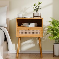 Rattan Nightstand Bedside Tables, Modern Wood Side Table Small End Table For Bedroom Living Room With Long Solid Wood Legs Drawer And Open Shelf