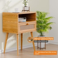 Rattan Nightstand Bedside Tables, Modern Wood Side Table Small End Table For Bedroom Living Room With Long Solid Wood Legs Drawer And Open Shelf