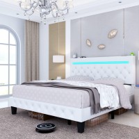 Benevika Queen Size Bed Frame With Led Light Leather Platform Bed Frame With Adjustable Upholstered Headboard, Over 60000 Colors, App Control Led Lights, No Box Spring Needed, White