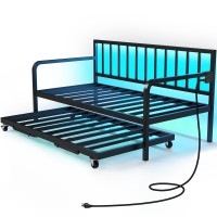 Rolanstar Daybed With Charging Station And Led Lights, Height Adjustable Twin Daybed With Trundle, Metal Sofa Bed Frame With Steel Slat Support For Living Room, Bedroom And Guest Room, Black