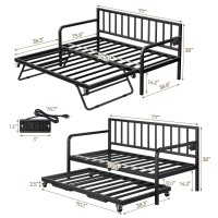 Rolanstar Daybed With Charging Station And Led Lights, Height Adjustable Twin Daybed With Trundle, Metal Sofa Bed Frame With Steel Slat Support For Living Room, Bedroom And Guest Room, Black