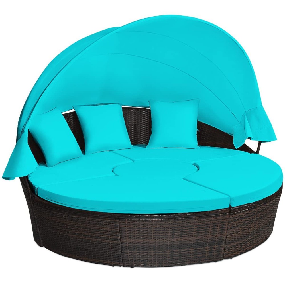 Tangkula Patio Round Daybed With Retractable Canopy, Outdoor Wicker Rattan Furniture Sets, Sectional Cushioned Sofa Set W/Height Adjustable Coffee Table, Rattan Conversation Sets (Turquoise)