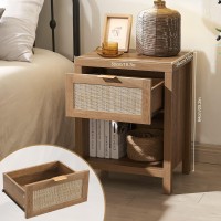 Sicotas Rattan Nightstand Farmhouse Night Stand With Drawer And Storage Shelf Boho Accent Table Bedside Table End Table Side